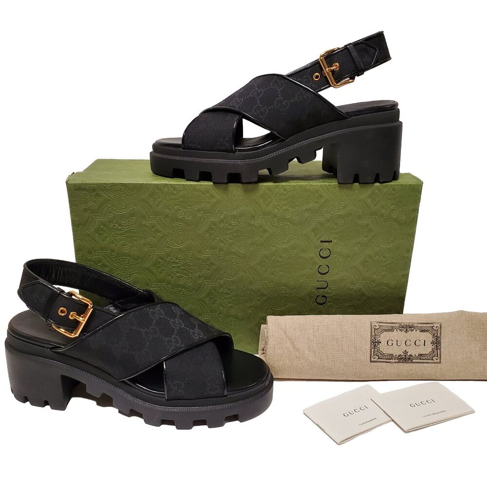 GUCCI SHOES BLACK GG SUPREME CANVAS CHUNKY LUG SOLE SANDALS - Picture 2 of 15